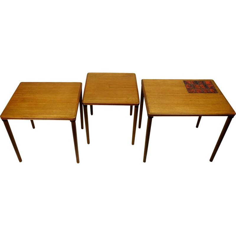 Set of 3 danish teak vintage nesting tables with ceramic tiles, 1960s
