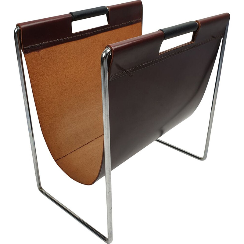 Leather and chrome vintage magazine rack by Brabantia, 1970s