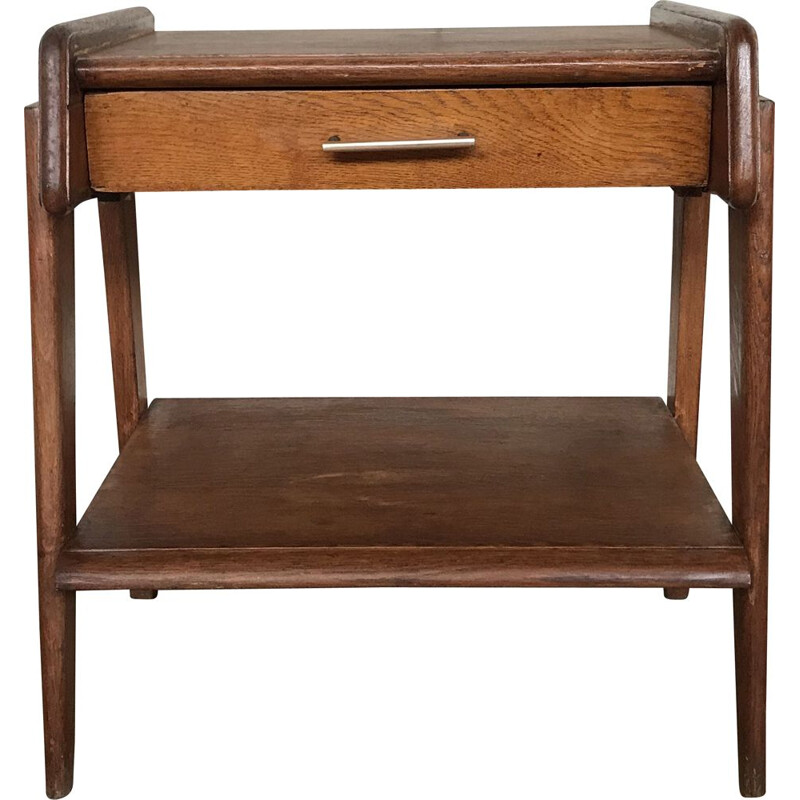 Vintage oak bedside table with compass legs, 1950