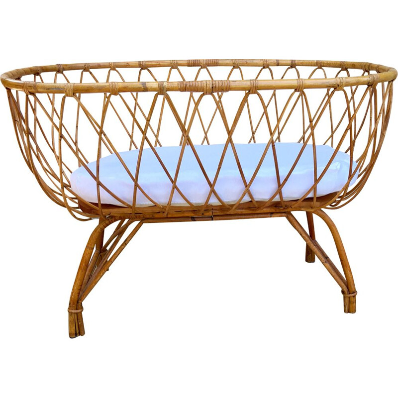 Vintage rattan cradle and organic mattress, France