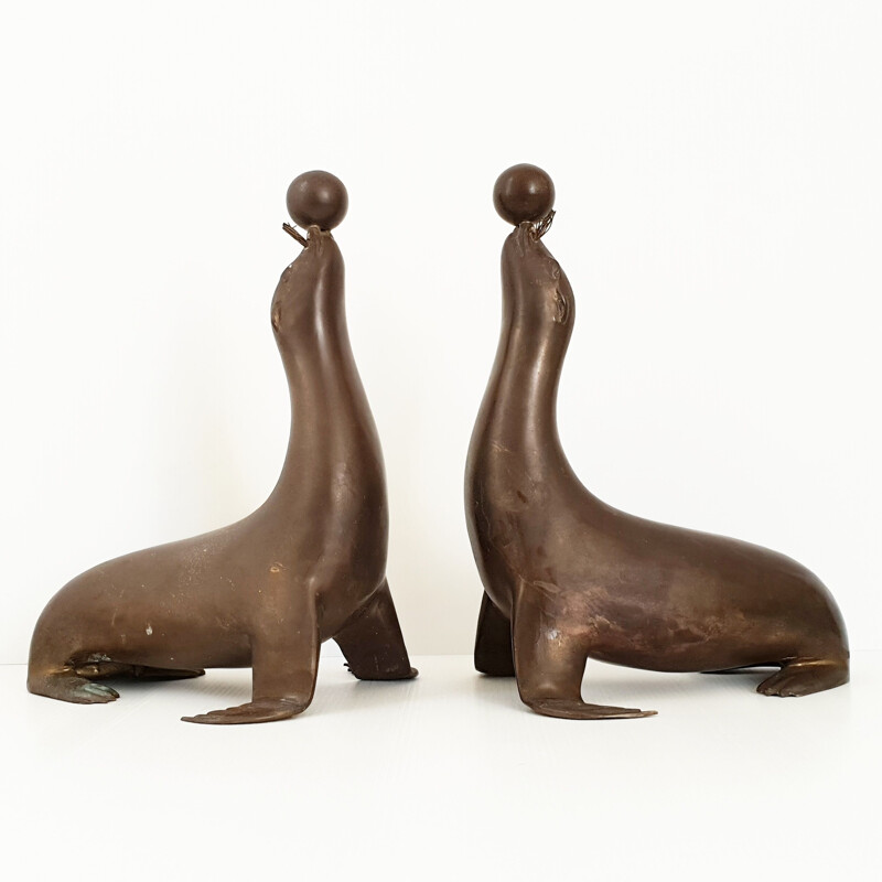 Pair of vintage sea lions bookends, 1950s