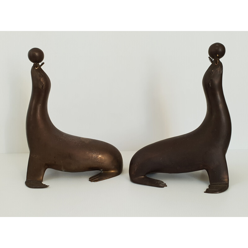 Pair of vintage sea lions bookends, 1950s