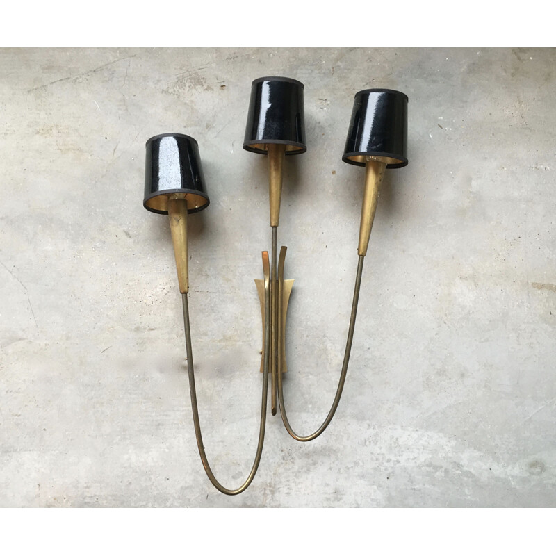 Vintage 3 arms brass wall light, 1950