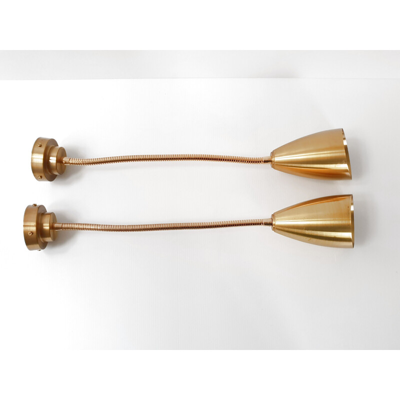 Set of 2 vintage wall lights in solid brass, 1970 