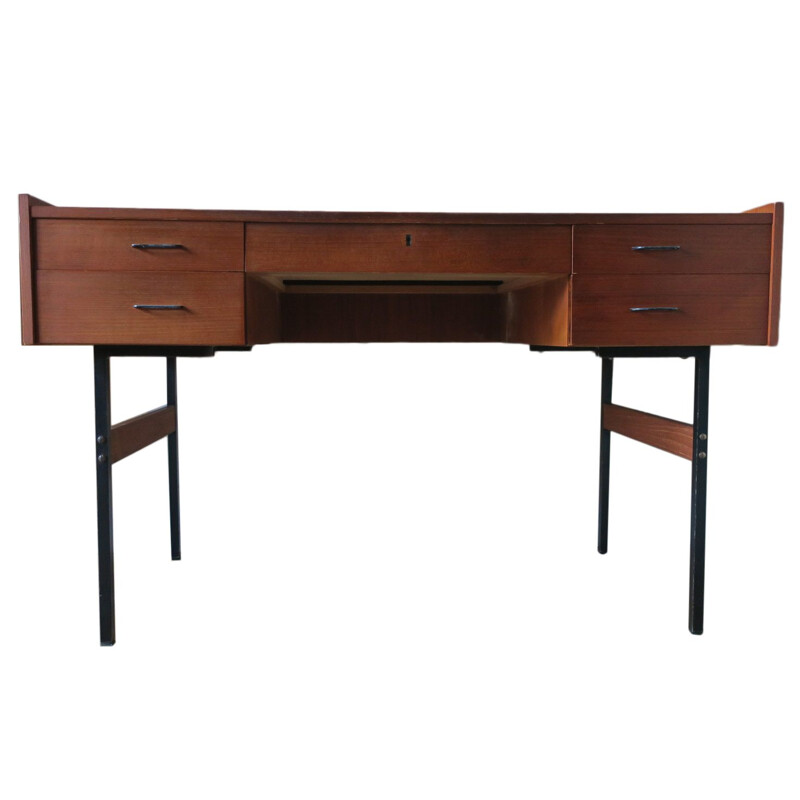 Vintage mid-century teak desk on black metal frame