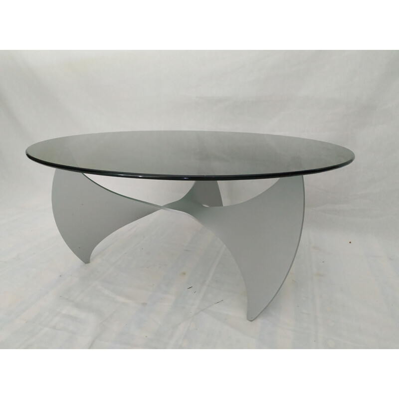 Vintage coffee table "hélice" in smoked glass and metal, 1970s