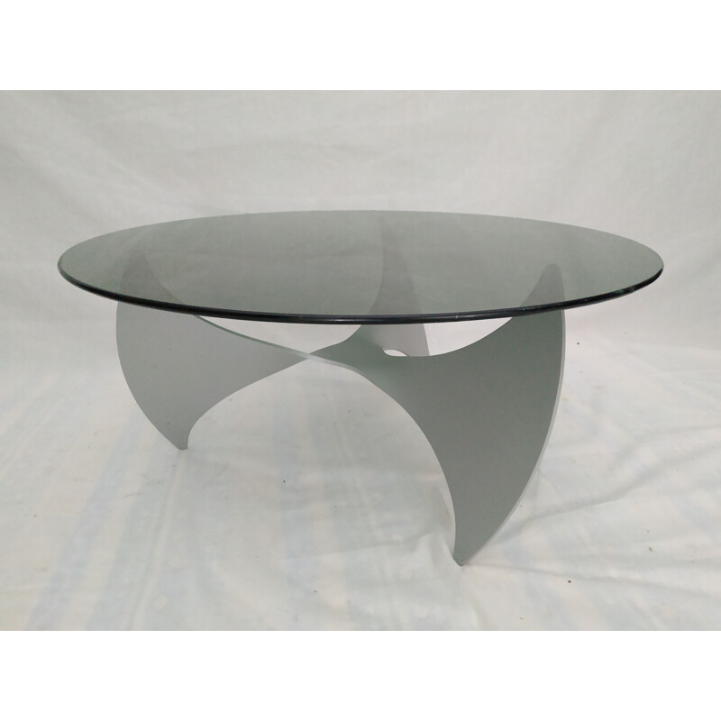 Vintage coffee table "hélice" in smoked glass and metal, 1970s