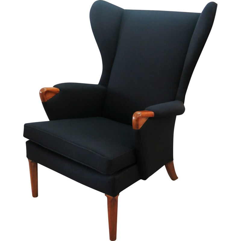 Fauteuil vintage Parker Knoll en teck et tissu noir - 1960