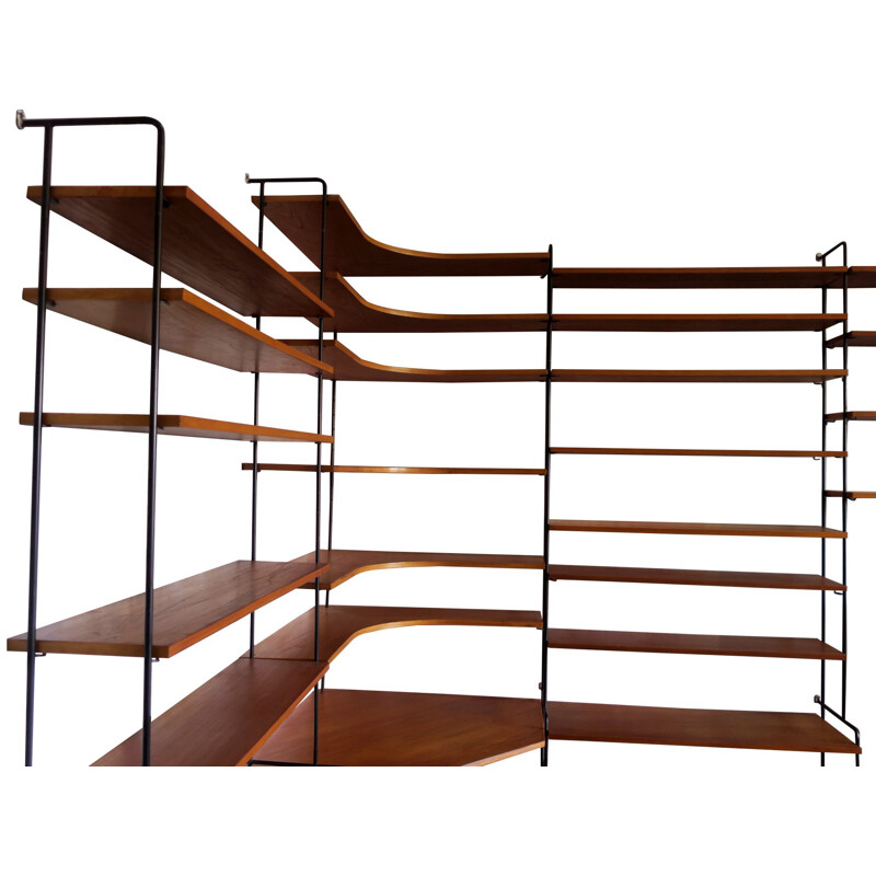 Vintage Scandinavian Teak and Black Metal Modular Wall Unit, 1960s