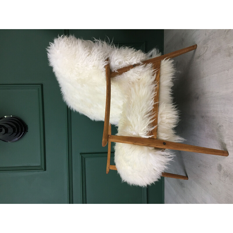 Vintage White Sheepskin and wood Armchair