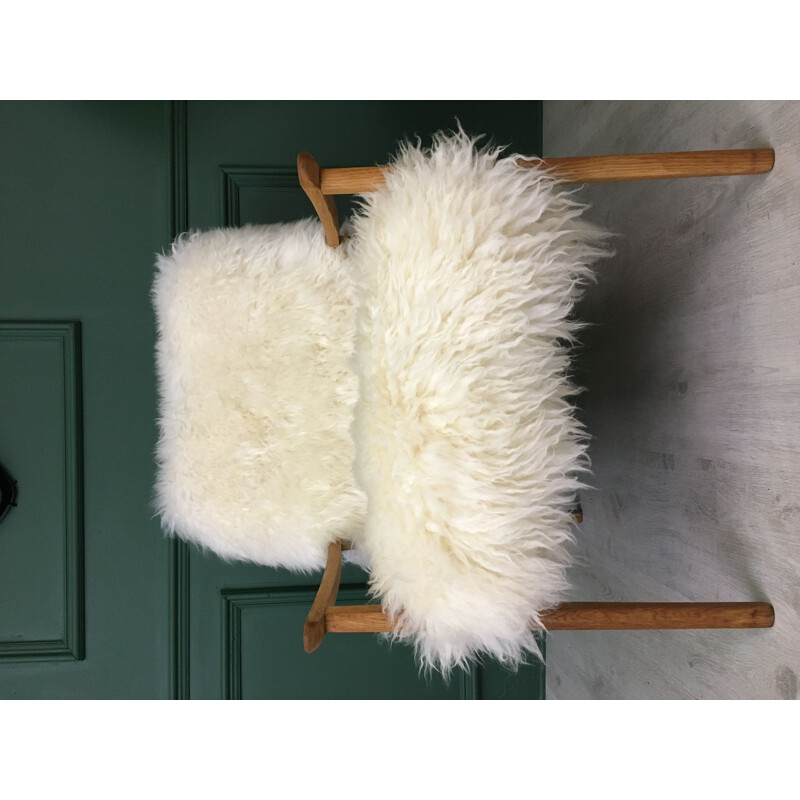 Vintage White Sheepskin and wood Armchair