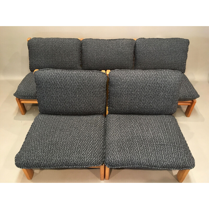 Set of 5 vintage solid oak modular sofas, 1960