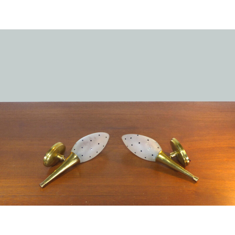 Pair of vintage brass and glass wall lights, 1950-60s