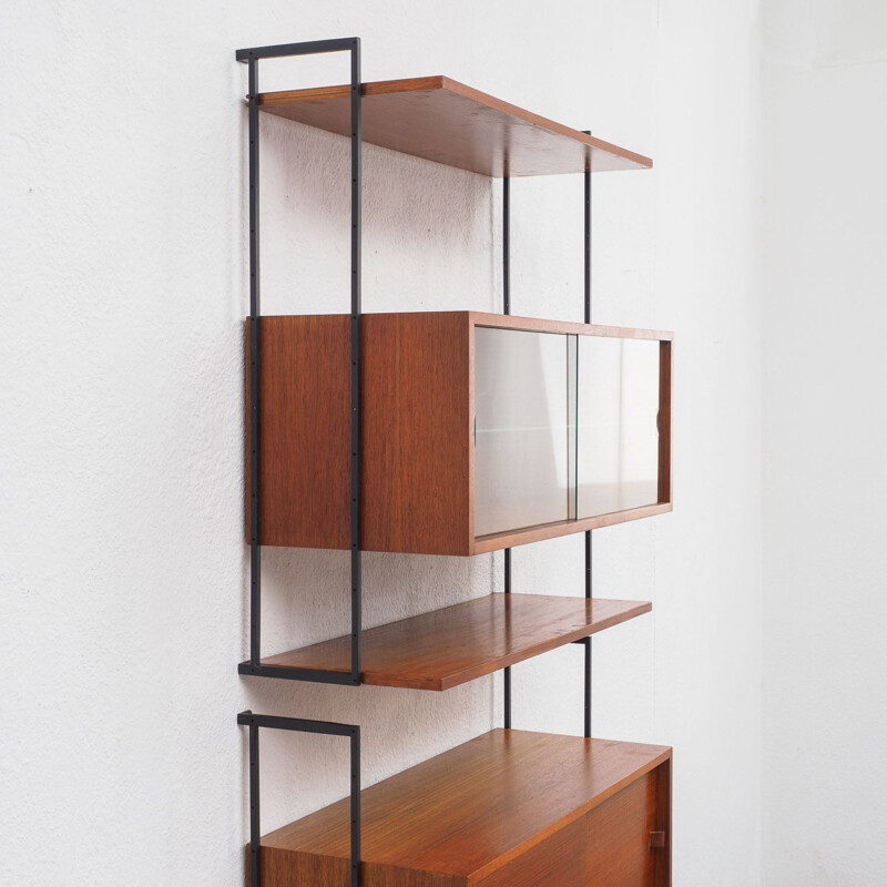 Vintage teak wall shelf system with glass showcase, 1960