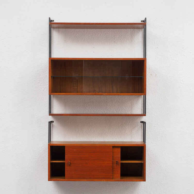 Vintage teak wall shelf system with glass showcase, 1960