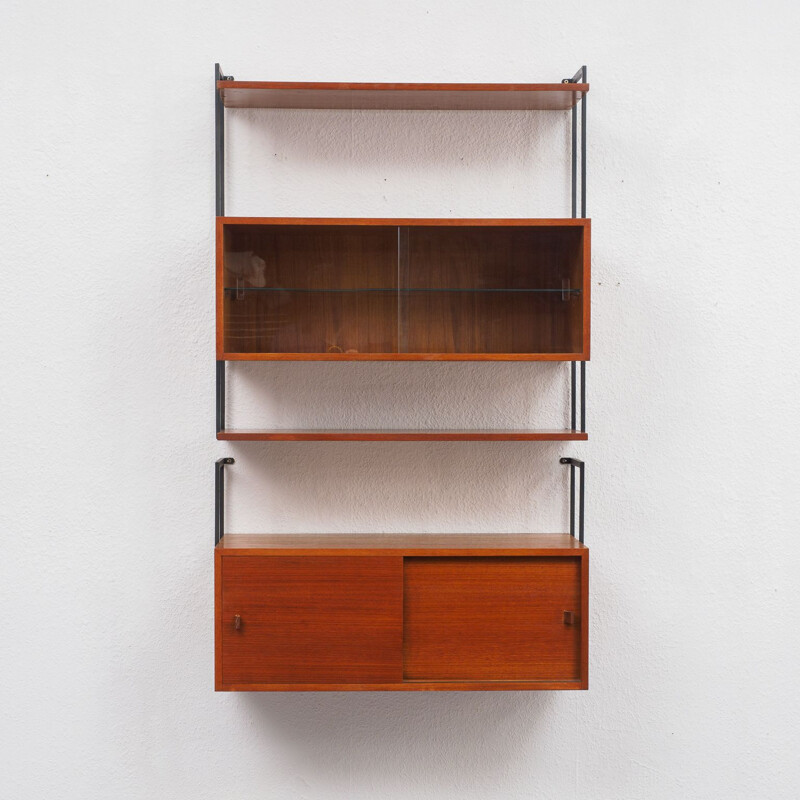 Vintage teak wall shelf system with glass showcase, 1960