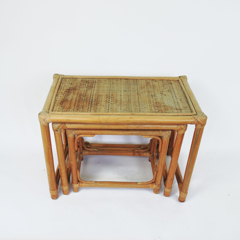 Vintage Wicker and Cane Nesting Tables, 1970s