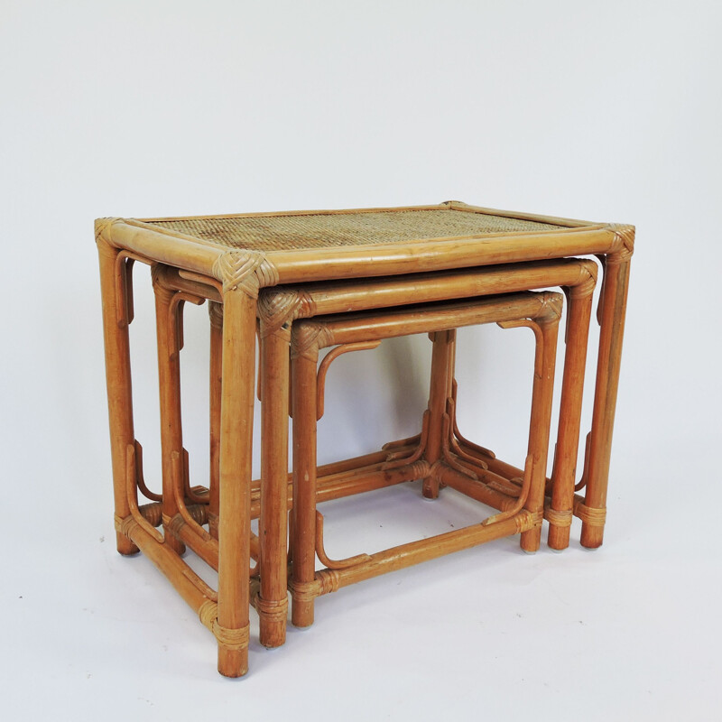 Vintage Wicker and Cane Nesting Tables, 1970s