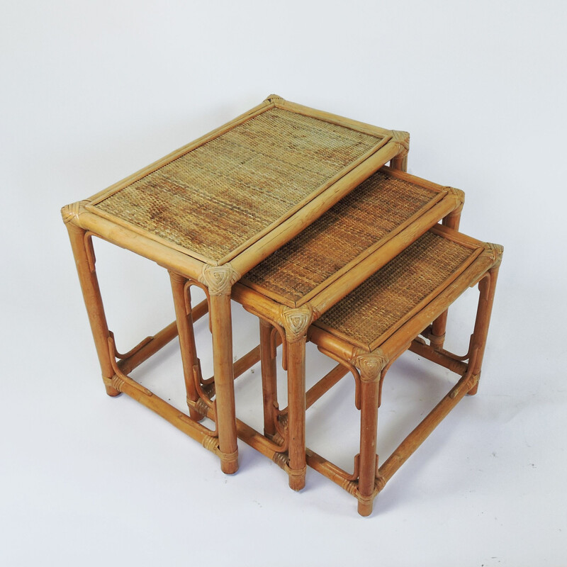 Vintage Wicker and Cane Nesting Tables, 1970s