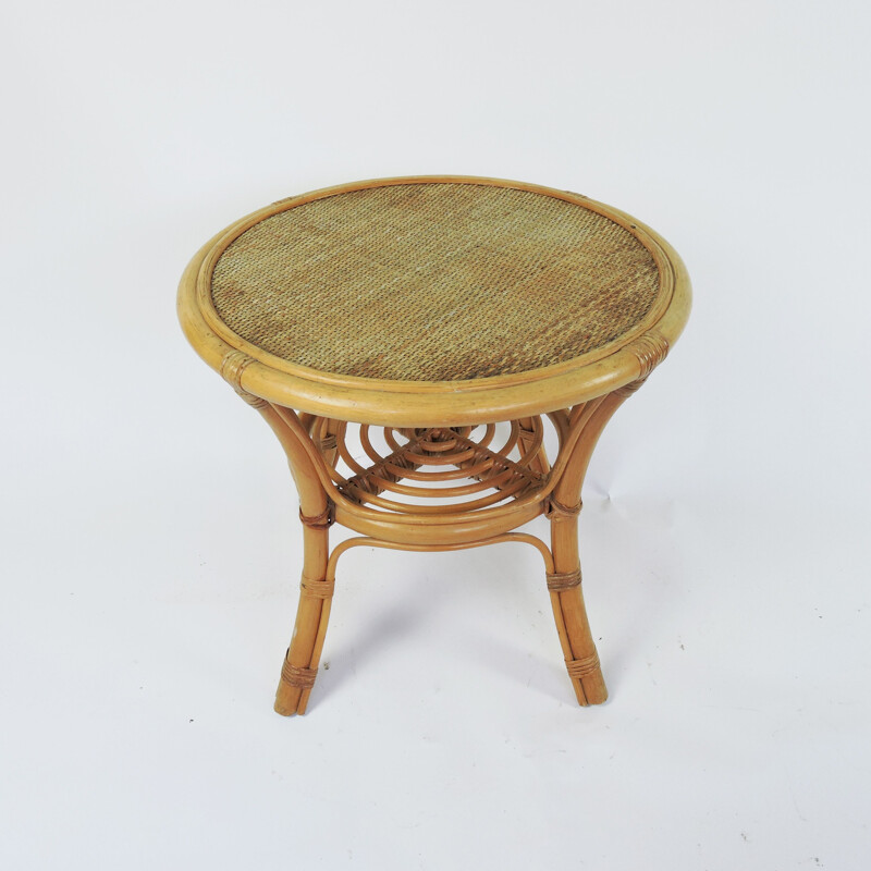 Round Vintage Cane and Rattan Side Table, 1970s
