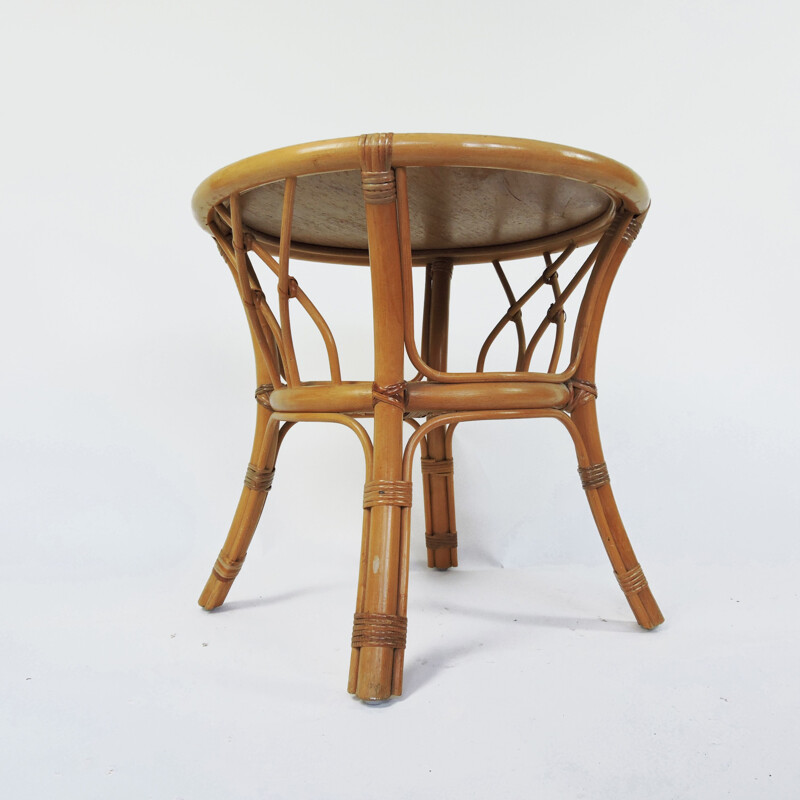 Round Vintage Cane and Rattan Side Table, 1970s