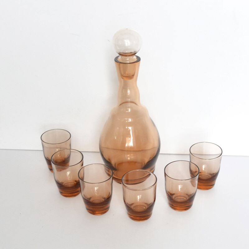 Set of vintage glass carafe and 6 glasses for Schott Zwiesel, Germany, 1970s