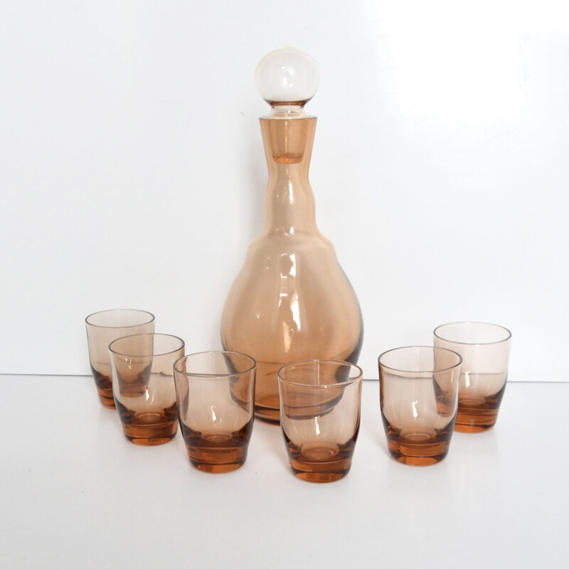 Set of vintage glass carafe and 6 glasses for Schott Zwiesel, Germany, 1970s