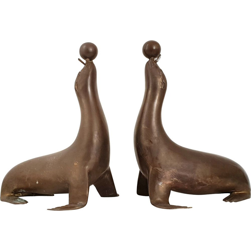 Pair of vintage sea lions bookends, 1950s