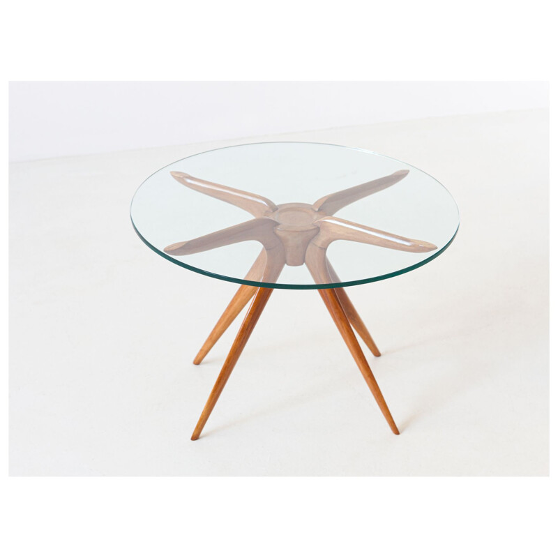 Vintage Round Glass Table with Beechwood Frame, Italy, 1950s