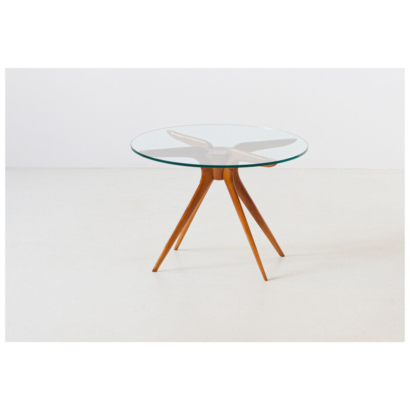 Vintage Round Glass Table with Beechwood Frame, Italy, 1950s