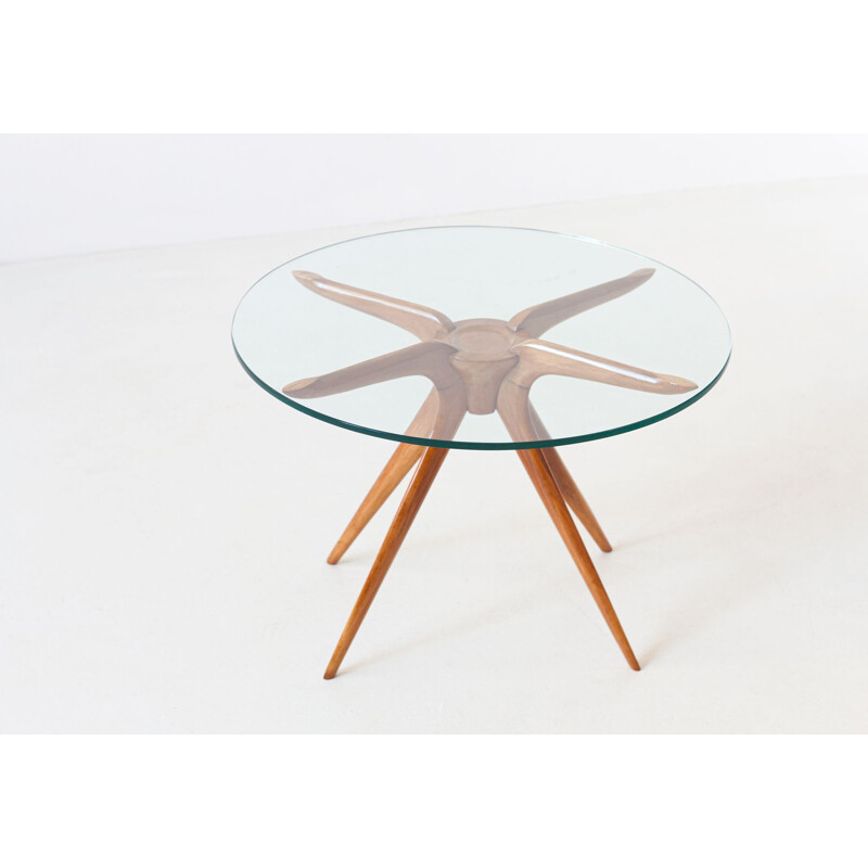 Vintage Round Glass Table with Beechwood Frame, Italy, 1950s