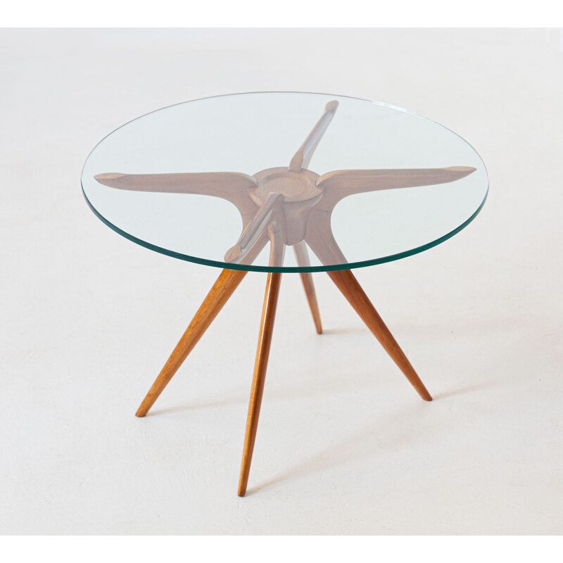 Vintage Round Glass Table with Beechwood Frame, Italy, 1950s