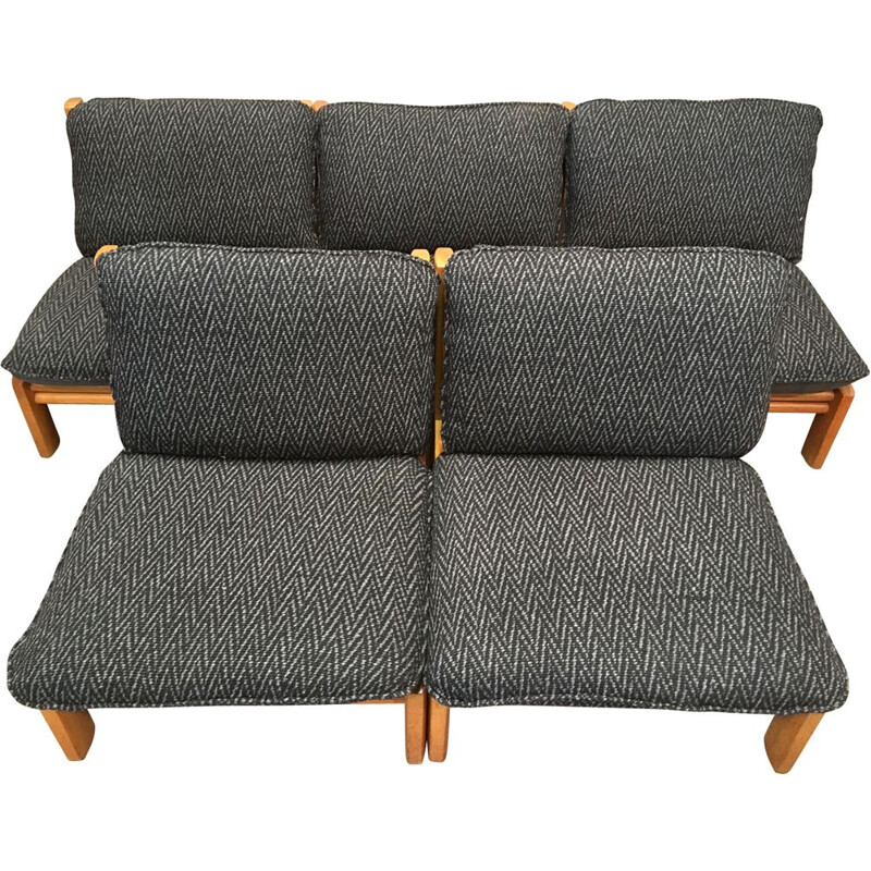 Set of 5 vintage solid oak modular sofas, 1960