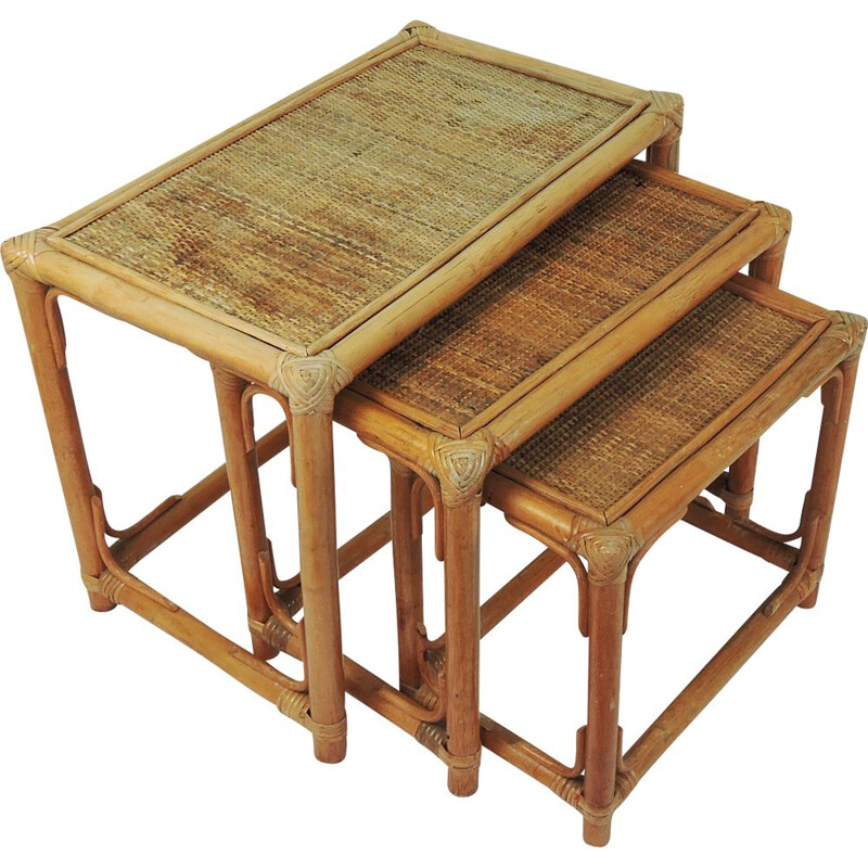 Tables gigognes vintage en osier et cannage, 1970