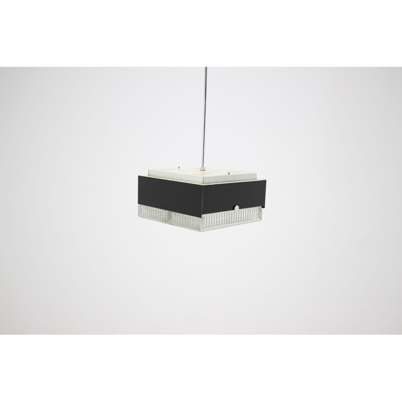 Vintage Minimalist Black and Glass Pendant Light, Czechoslovakia, 1970s