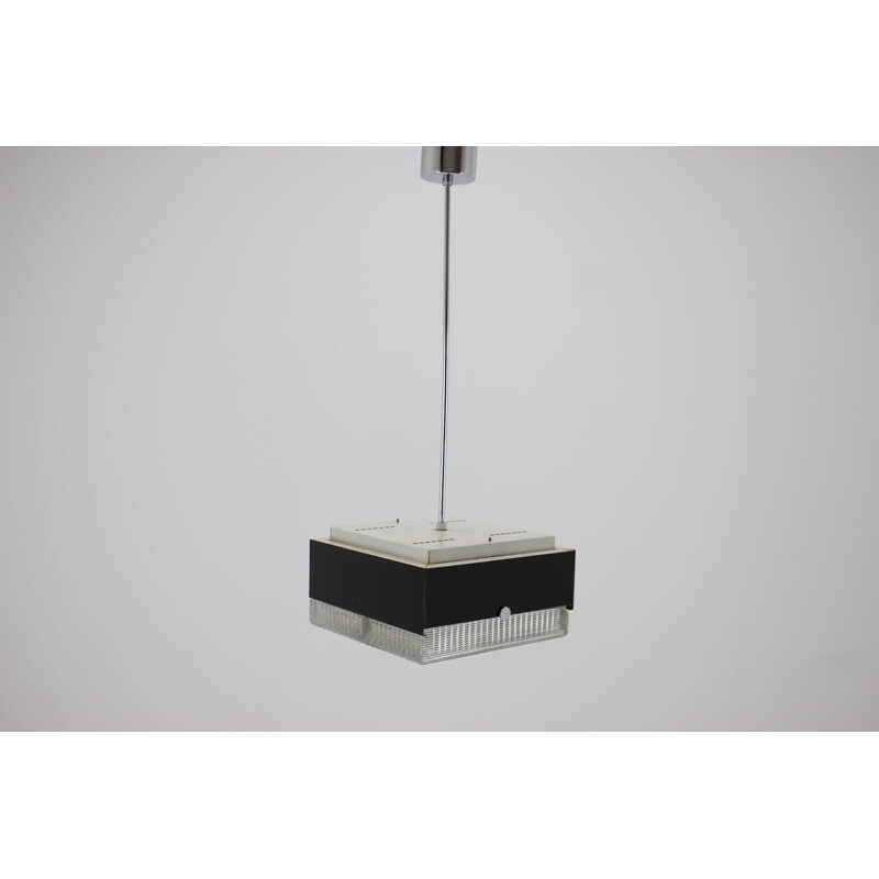 Vintage Minimalist Black and Glass Pendant Light, Czechoslovakia, 1970s