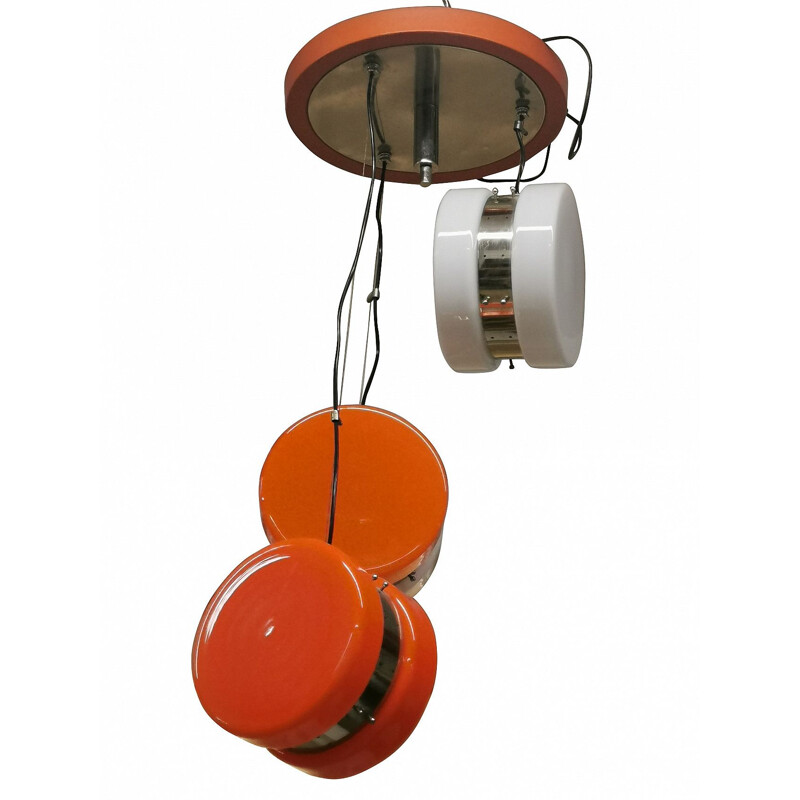 Suspension vintage en verre opalin blanc et orange par Mazzega