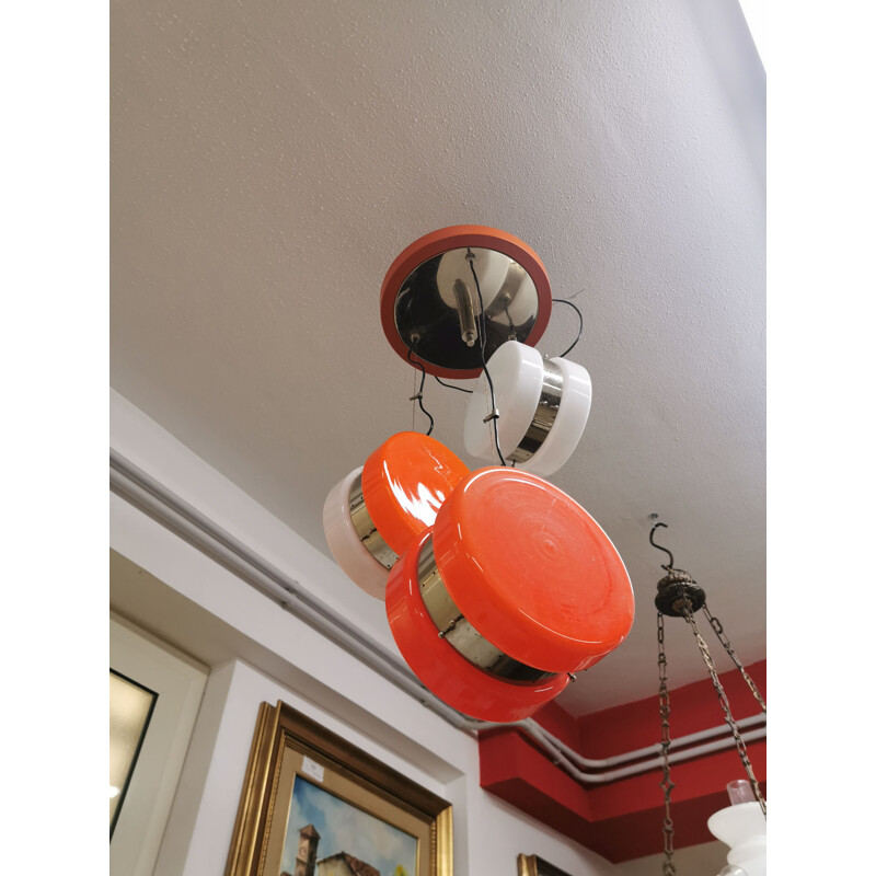 Vintage white and orange opaline glass pendant light by Mazzega