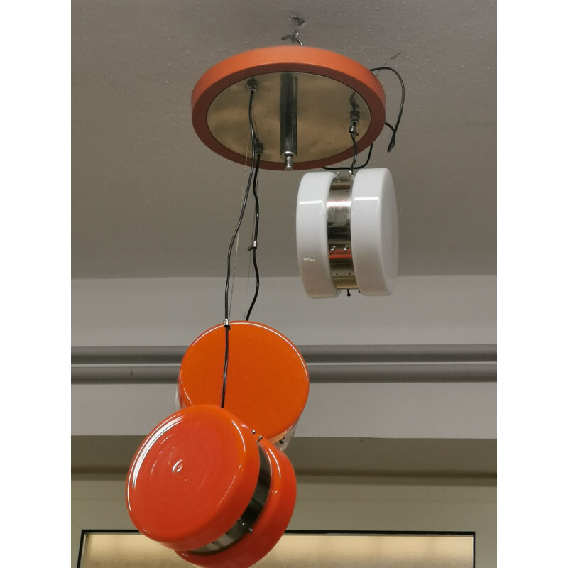 Vintage white and orange opaline glass pendant light by Mazzega