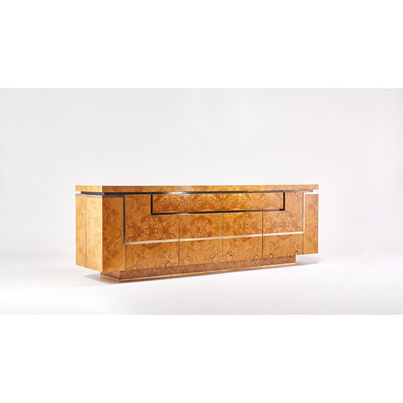 Vintage sideboard in elm and brass by Jean-Claude Mahey