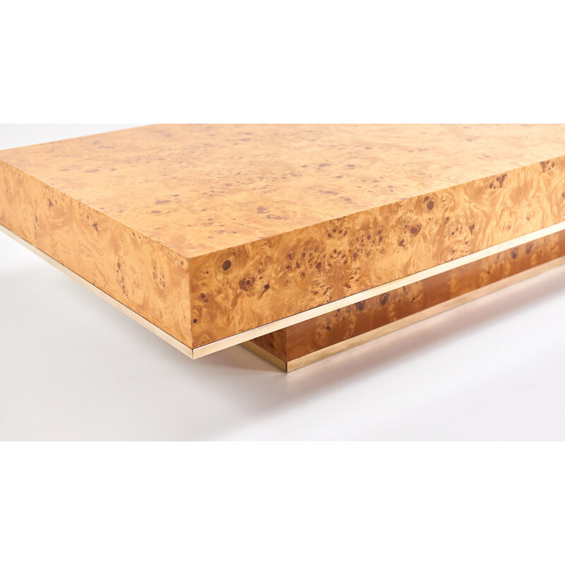 Vintage coffee table in elm and brass by Jean-Claude Mahey