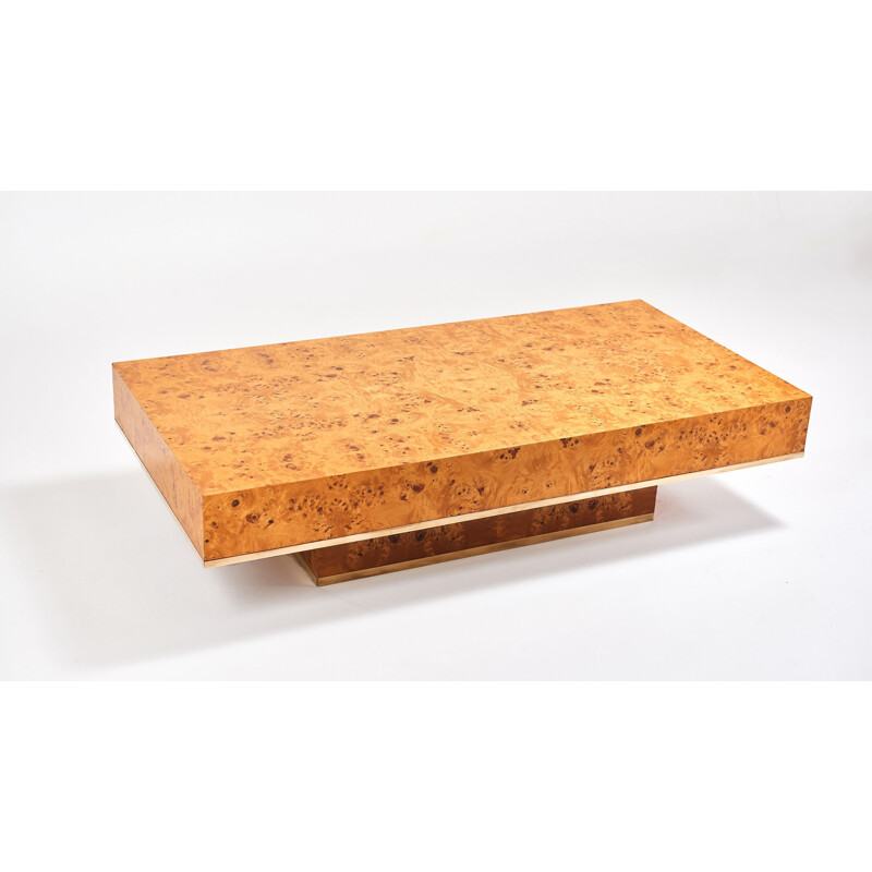 Vintage coffee table in elm and brass by Jean-Claude Mahey