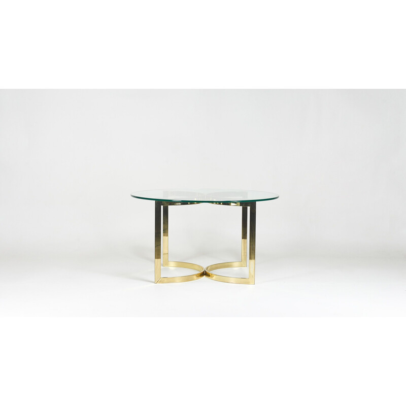 Vintage round dining table with glass and gold metal, 1970s