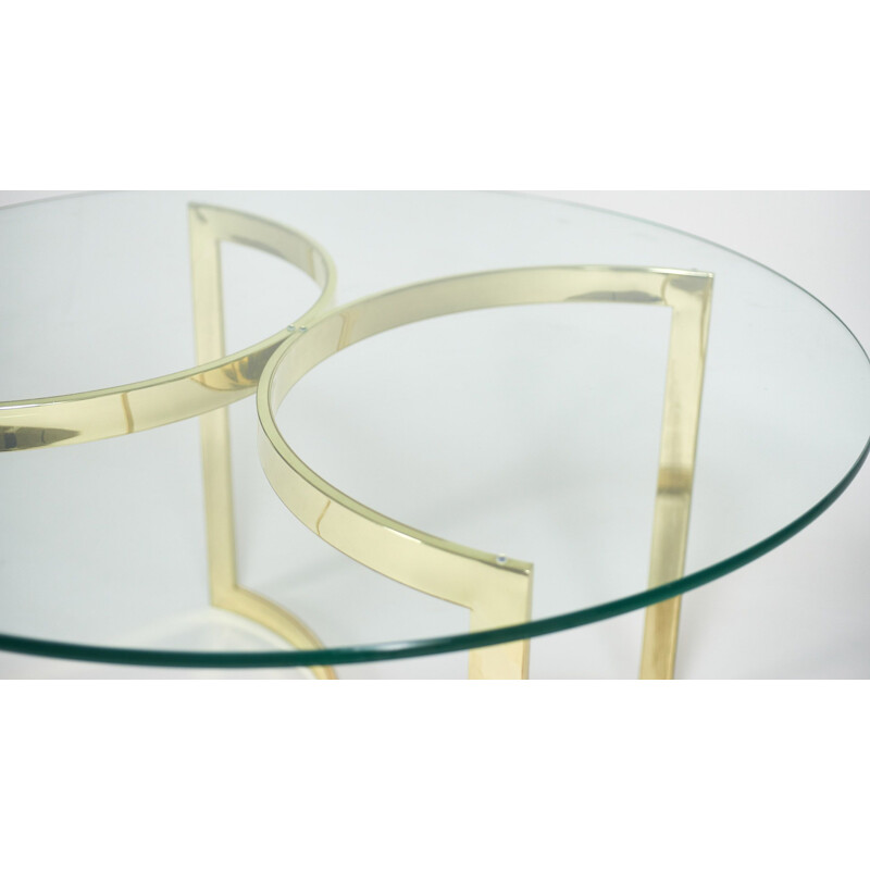 Vintage round dining table with glass and gold metal, 1970s