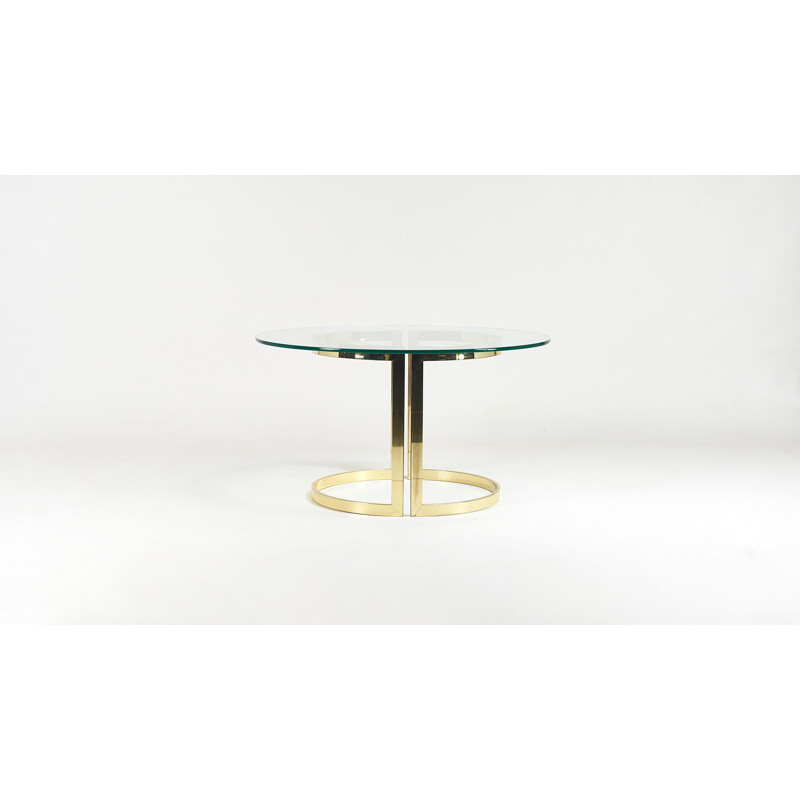 Vintage round dining table with glass and gold metal, 1970s