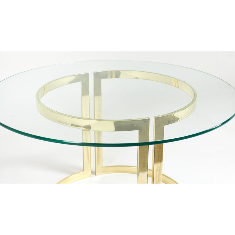 Vintage round dining table with glass and gold metal, 1970s