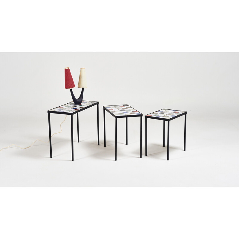 Vintage glazed ceramic nesting tables by Mado Jolain, 1950s