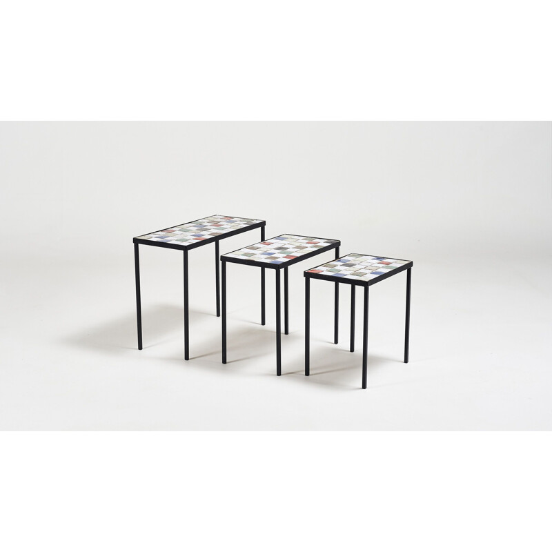 Tables gigognes vintage en céramique émaillée par Mado Jolain, 1950