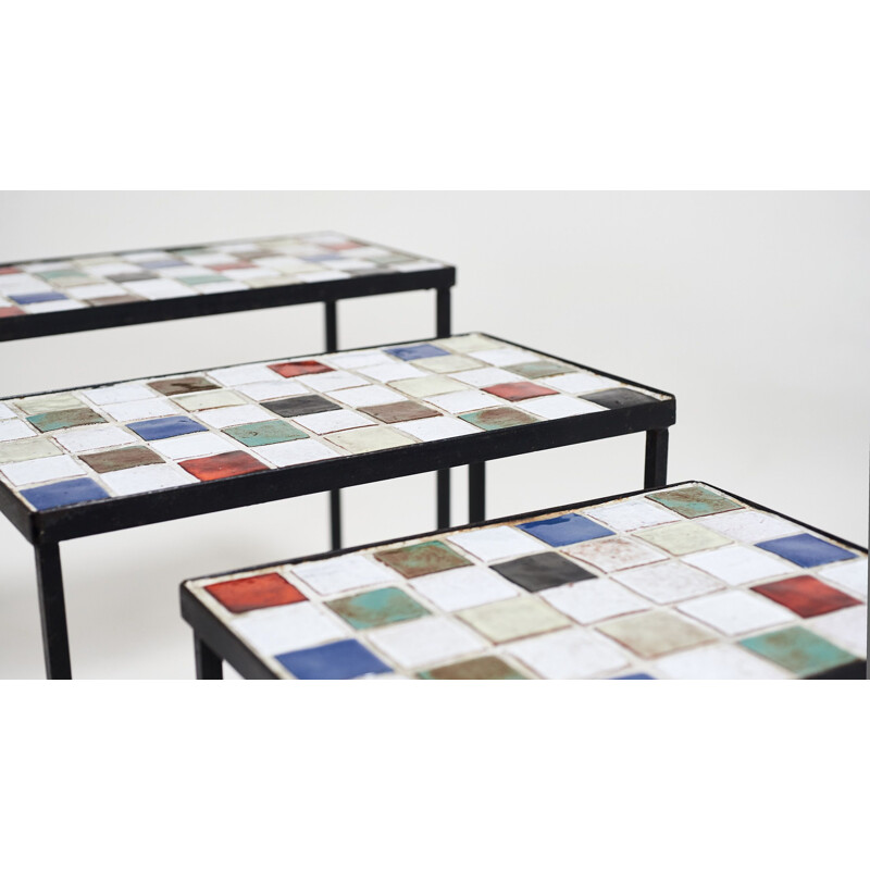 Vintage glazed ceramic nesting tables by Mado Jolain, 1950s