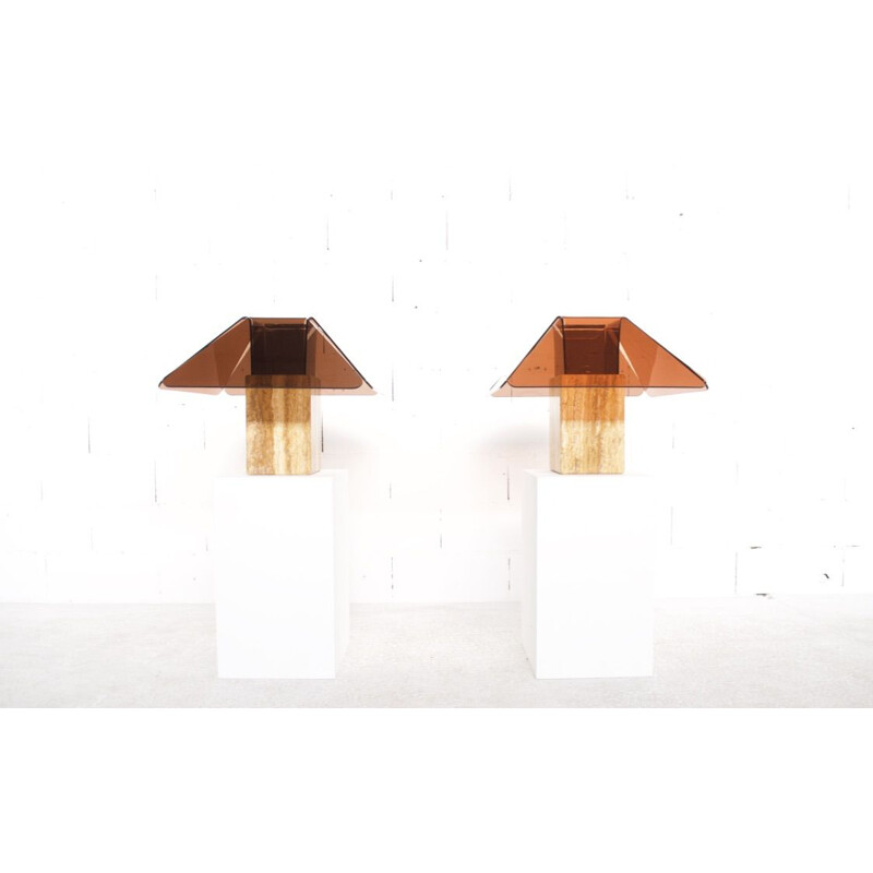Pair of vintage travertine and plexiglass lamps, 1970s